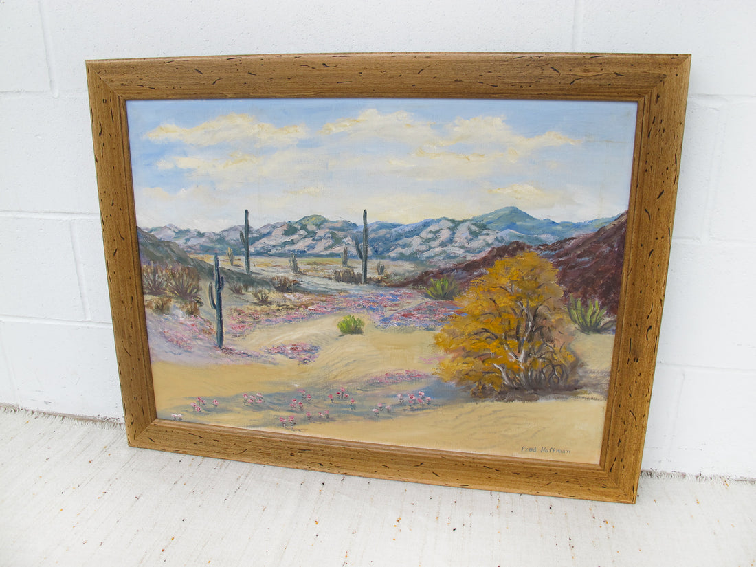 Large Desert Landscape Painting with Rustic Wood Frame