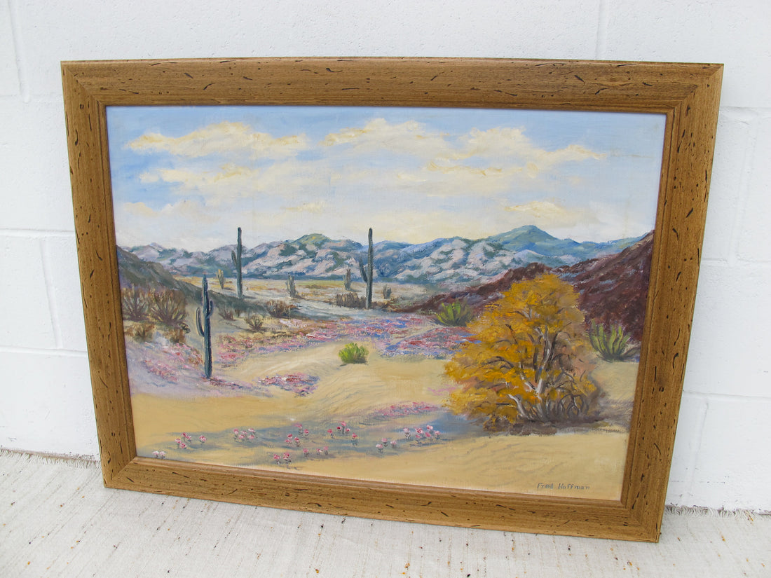 Large Desert Landscape Painting with Rustic Wood Frame