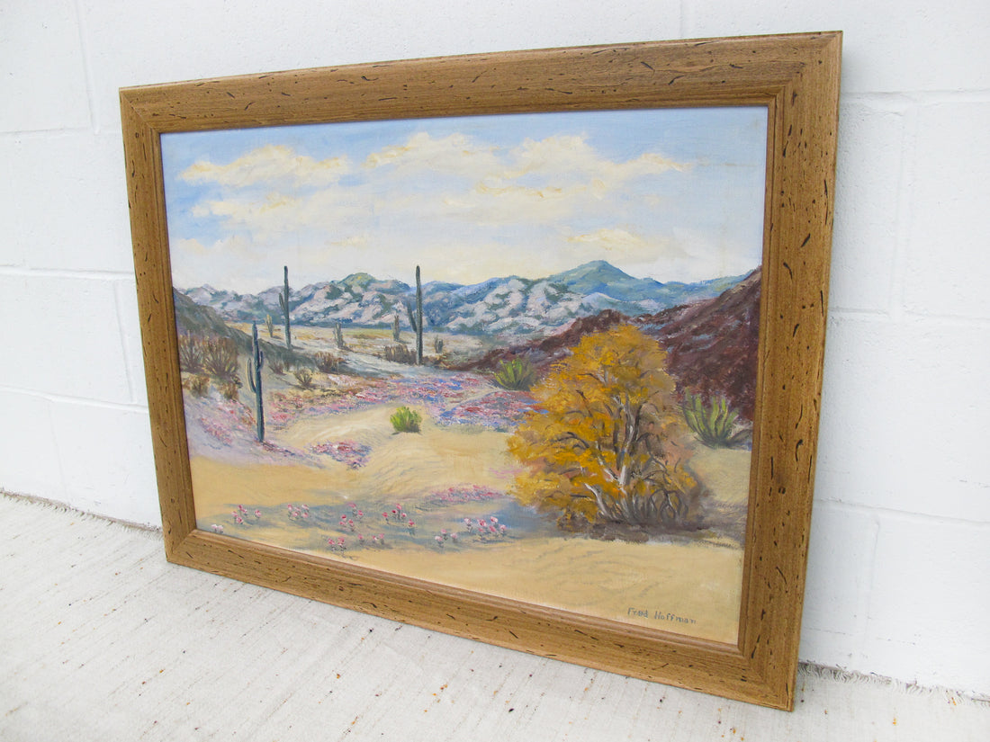 Large Desert Landscape Painting with Rustic Wood Frame