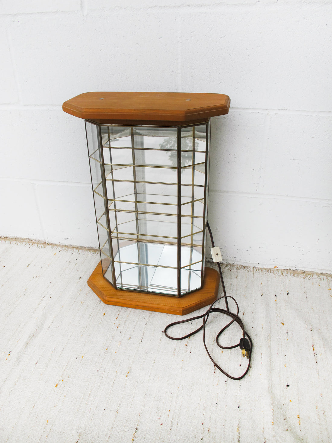 Light Up Glass and Brass Display Case with Wood Base and Top