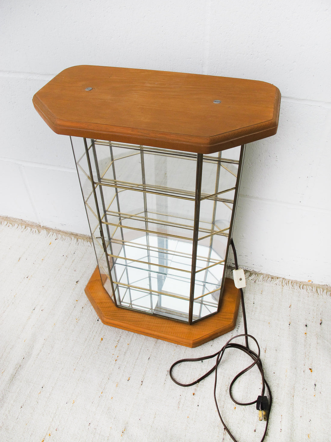 Light Up Glass and Brass Display Case with Wood Base and Top