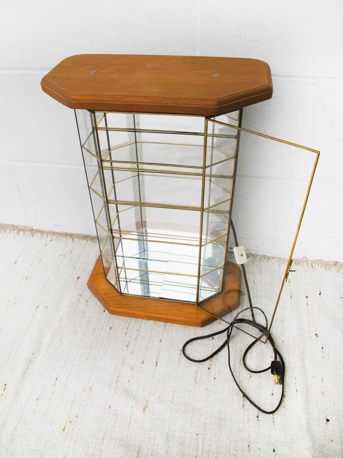 Light Up Glass and Brass Display Case with Wood Base and Top