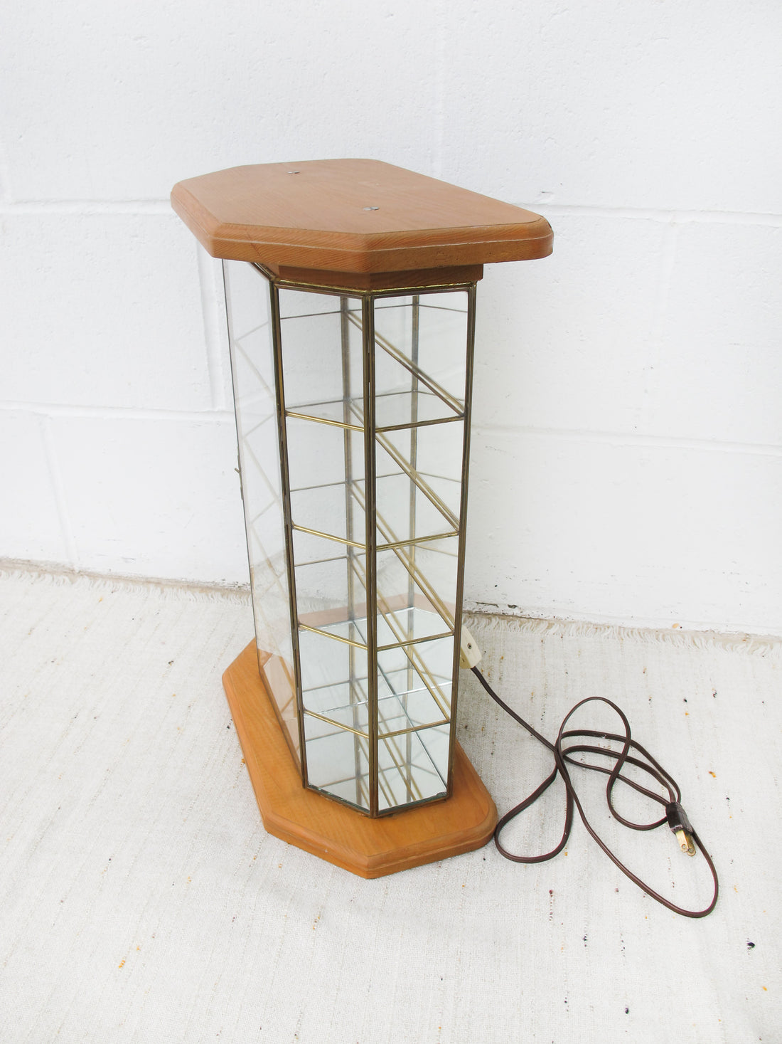 Light Up Glass and Brass Display Case with Wood Base and Top