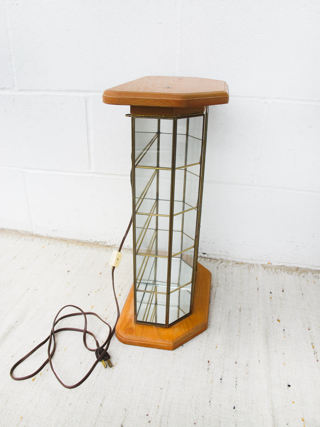 Light Up Glass and Brass Display Case with Wood Base and Top