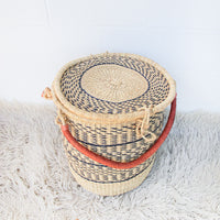 Navy and Neutral Stripe African Basket Hamper with Lid and Leather Covered Handles