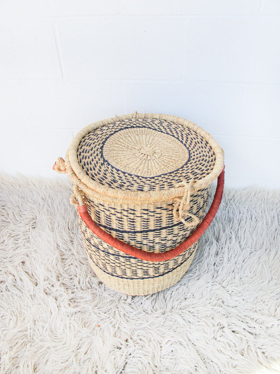 Navy and Neutral Stripe African Basket Hamper with Lid and Leather Covered Handles