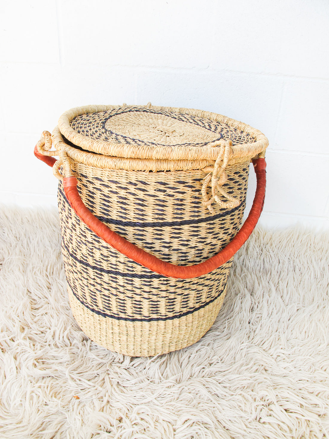 Navy and Neutral Stripe African Basket Hamper with Lid and Leather Covered Handles