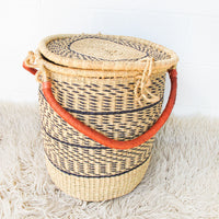 Navy and Neutral Stripe African Basket Hamper with Lid and Leather Covered Handles