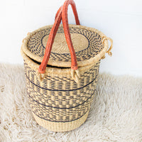 Navy and Neutral Stripe African Basket Hamper with Lid and Leather Covered Handles