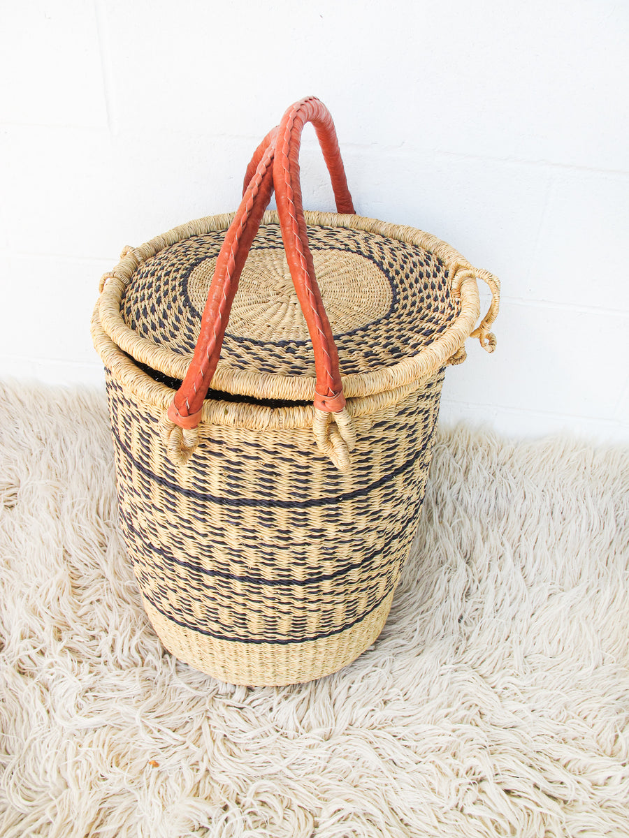 Navy and Neutral Stripe African Basket Hamper with Lid and Leather Covered Handles