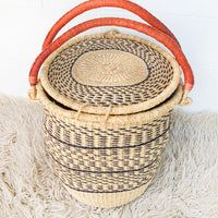 Navy and Neutral Stripe African Basket Hamper with Lid and Leather Covered Handles