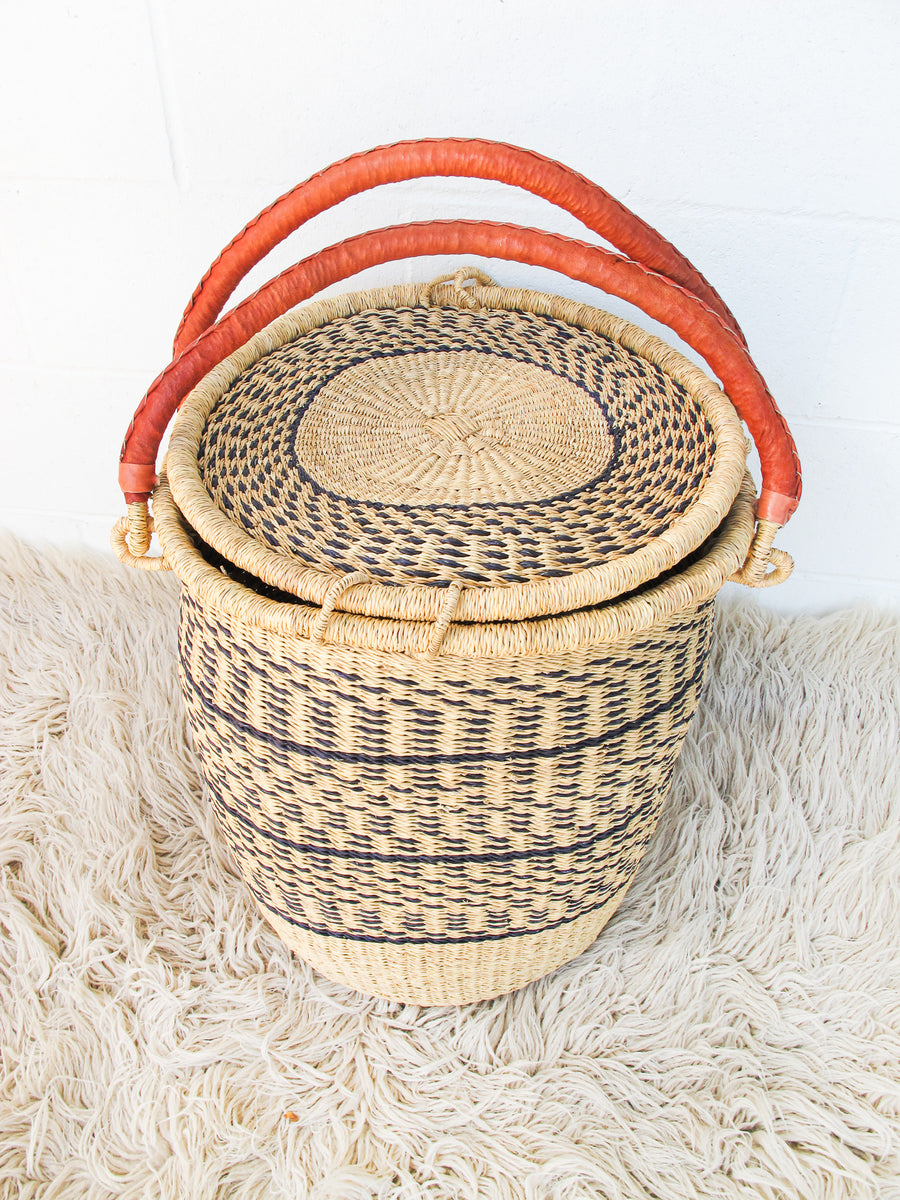 Navy and Neutral Stripe African Basket Hamper with Lid and Leather Covered Handles