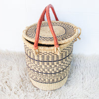 Navy and Neutral Stripe African Basket Hamper with Lid and Leather Covered Handles