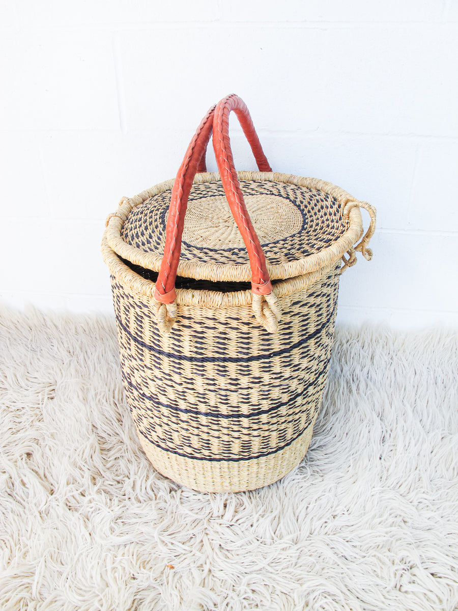 Navy and Neutral Stripe African Basket Hamper with Lid and Leather Covered Handles