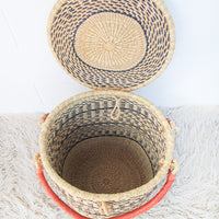 Navy and Neutral Stripe African Basket Hamper with Lid and Leather Covered Handles