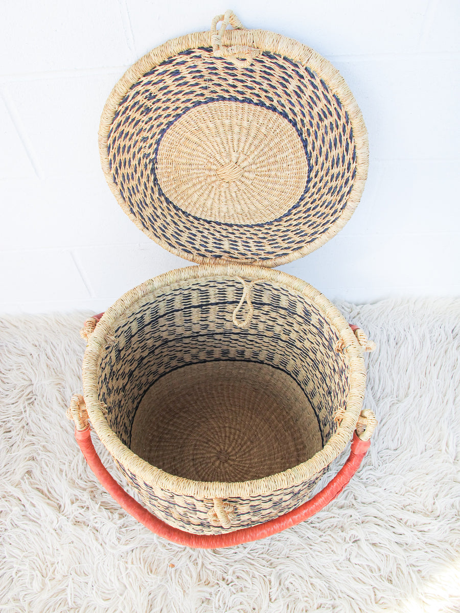 Navy and Neutral Stripe African Basket Hamper with Lid and Leather Covered Handles