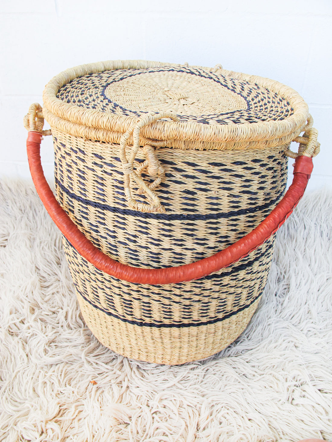 Navy and Neutral Stripe African Basket Hamper with Lid and Leather Covered Handles