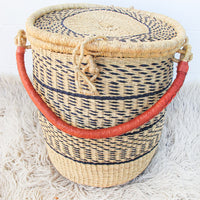 Navy and Neutral Stripe African Basket Hamper with Lid and Leather Covered Handles