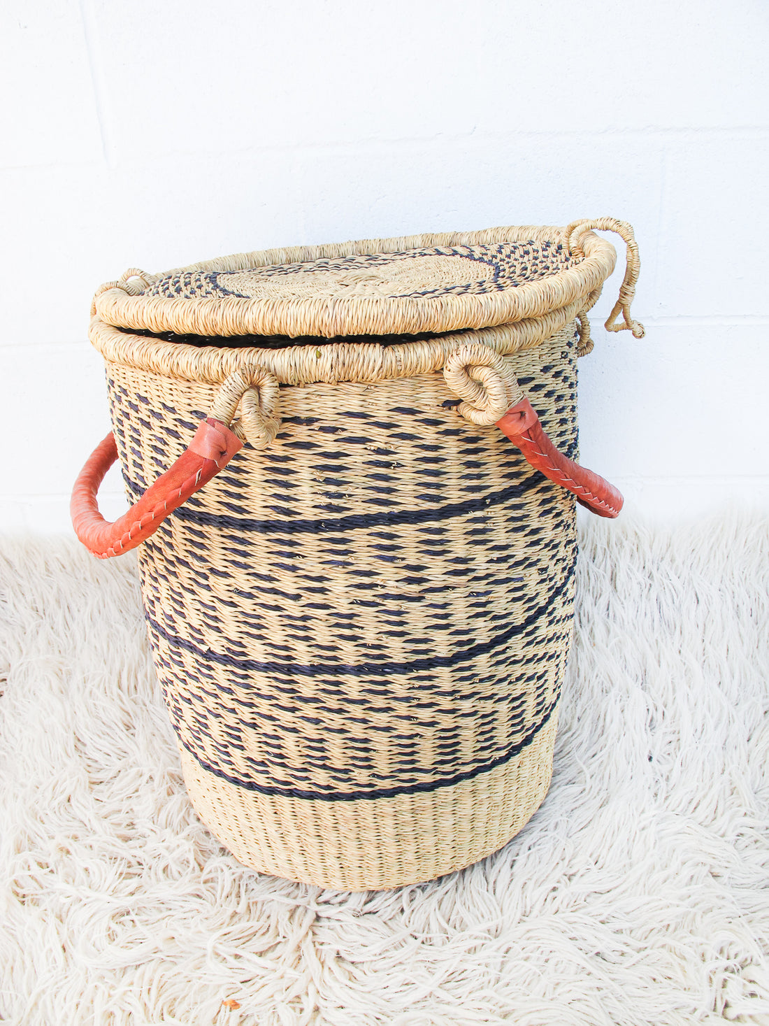 Navy and Neutral Stripe African Basket Hamper with Lid and Leather Covered Handles