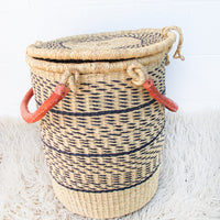 Navy and Neutral Stripe African Basket Hamper with Lid and Leather Covered Handles