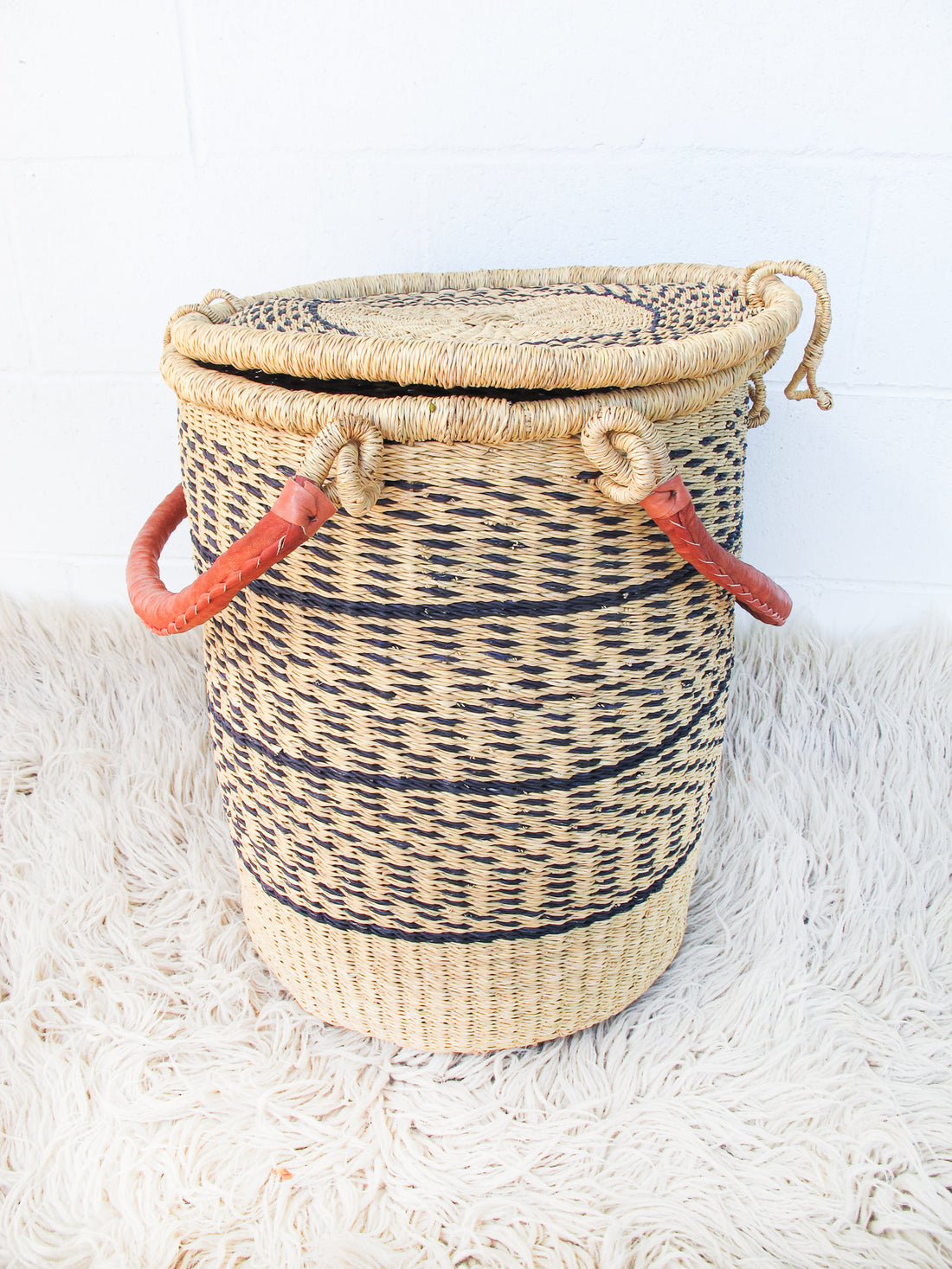 Navy and Neutral Stripe African Basket Hamper with Lid and Leather Covered Handles