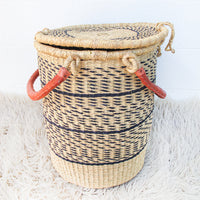 Navy and Neutral Stripe African Basket Hamper with Lid and Leather Covered Handles