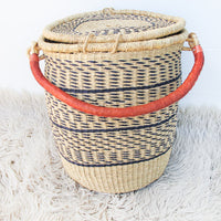 Navy and Neutral Stripe African Basket Hamper with Lid and Leather Covered Handles