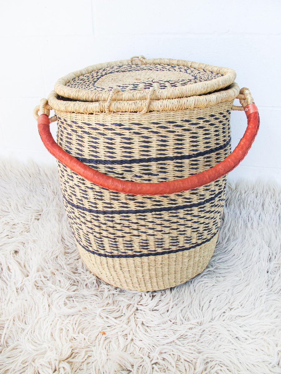 Navy and Neutral Stripe African Basket Hamper with Lid and Leather Covered Handles