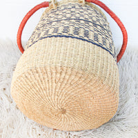 Navy and Neutral Stripe African Basket Hamper with Lid and Leather Covered Handles