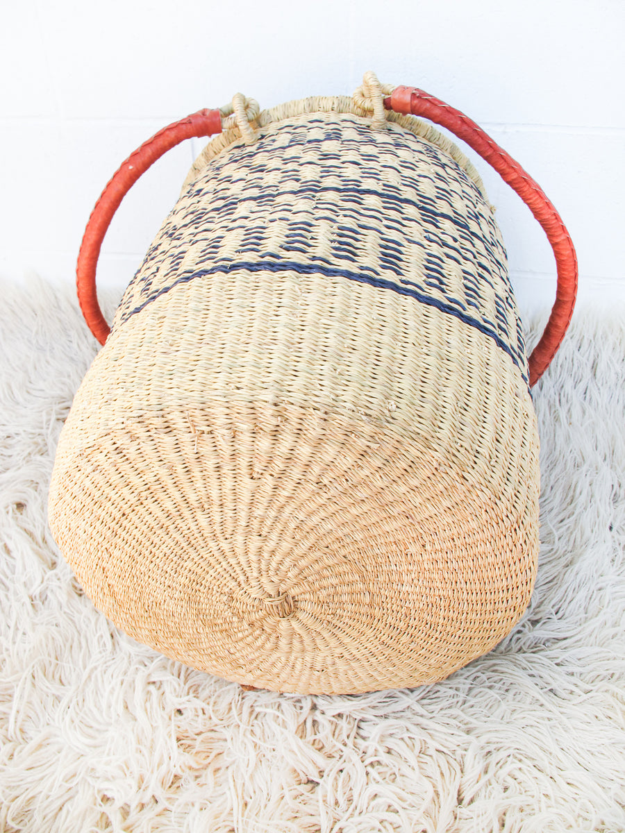 Navy and Neutral Stripe African Basket Hamper with Lid and Leather Covered Handles