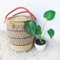 Navy and Neutral Stripe African Basket Hamper with Lid and Leather Covered Handles