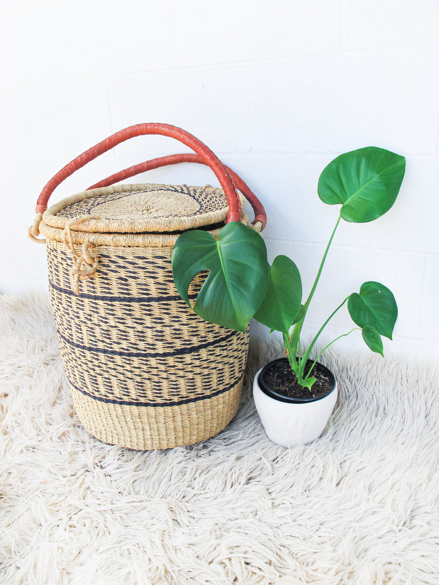 Navy and Neutral Stripe African Basket Hamper with Lid and Leather Covered Handles