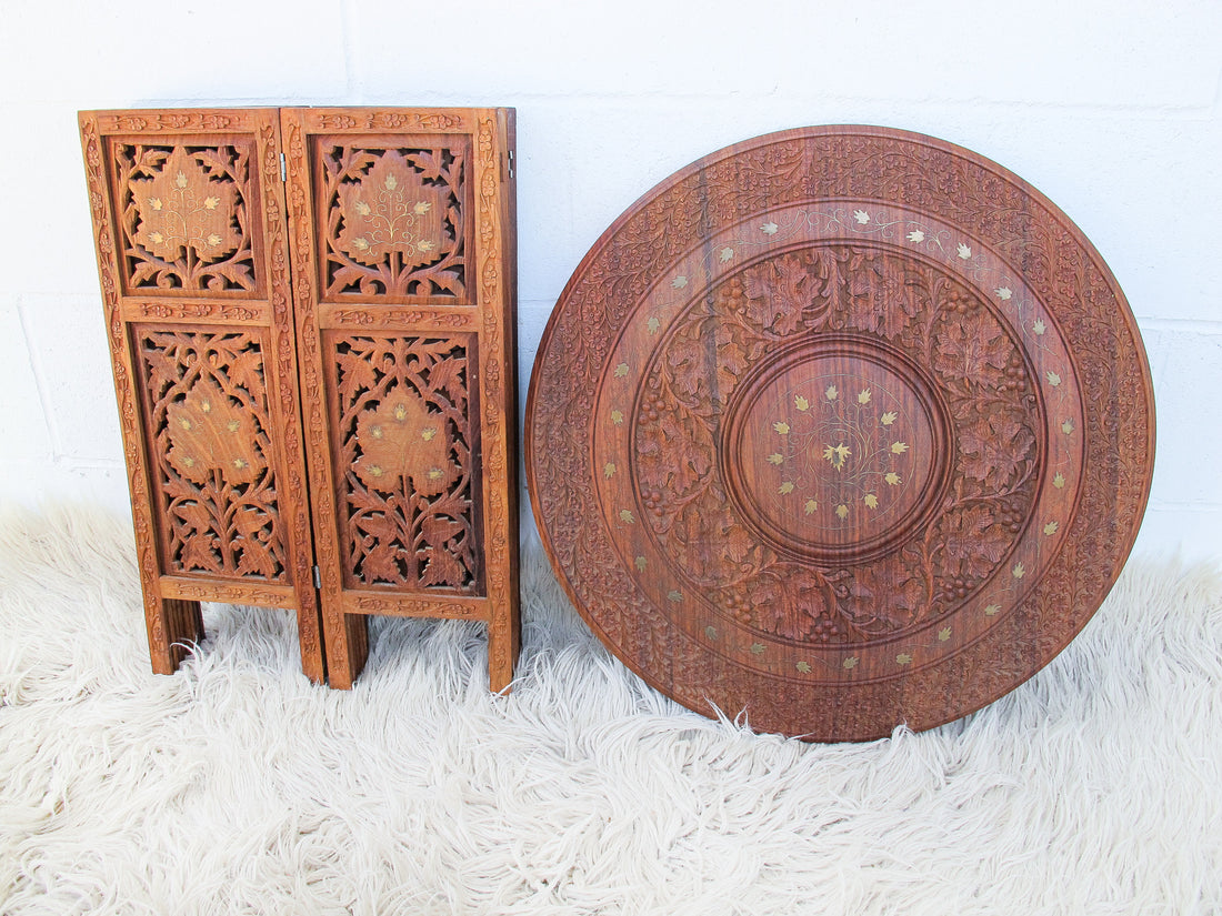 1950's Large Teak Hexagon Folding Table with Brass Inlay - Made in India