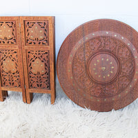 1950's Large Teak Hexagon Folding Table with Brass Inlay - Made in India