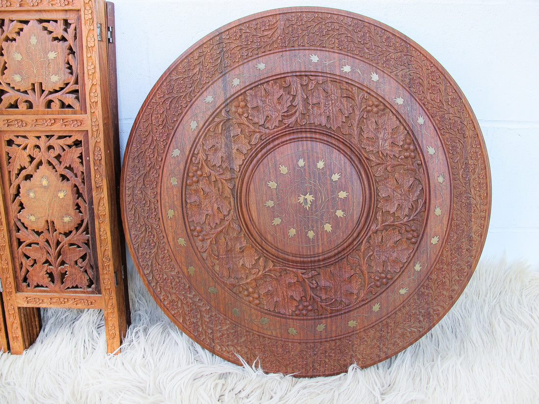 1950's Large Teak Hexagon Folding Table with Brass Inlay - Made in India