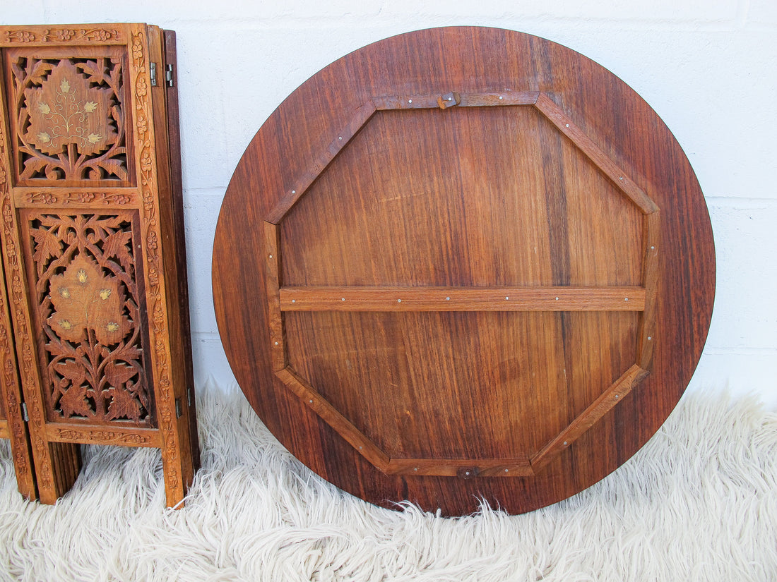 1950's Large Teak Hexagon Folding Table with Brass Inlay - Made in India