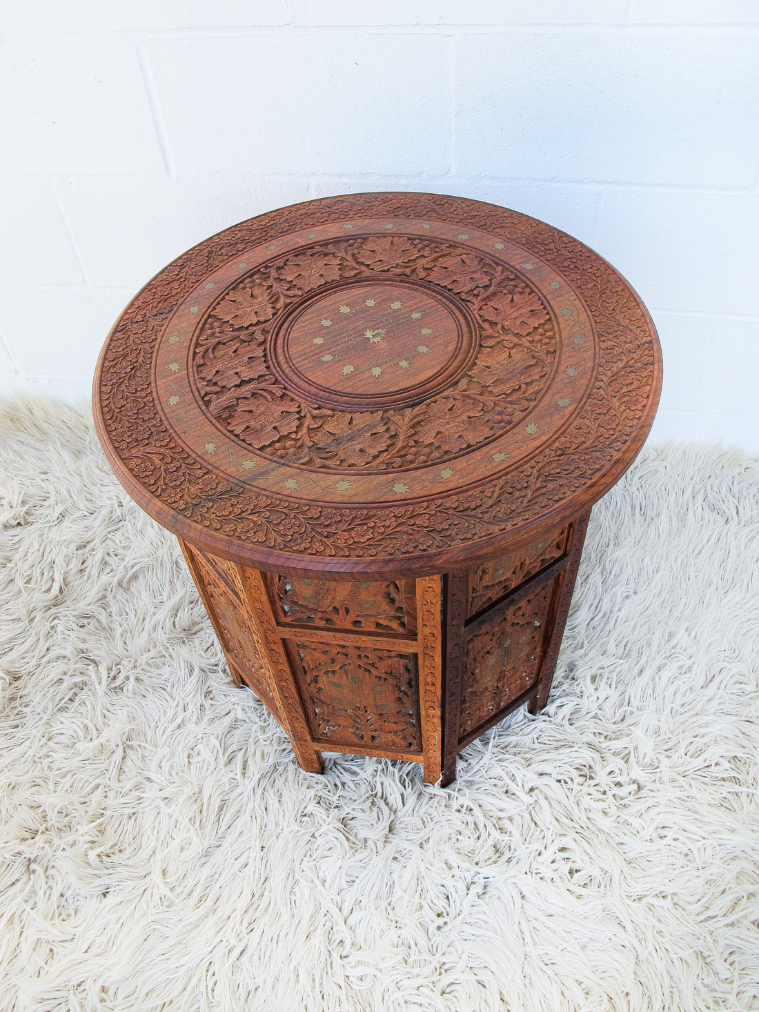 1950's Large Teak Hexagon Folding Table with Brass Inlay - Made in India