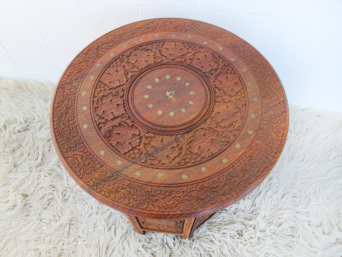 1950's Large Teak Hexagon Folding Table with Brass Inlay - Made in India