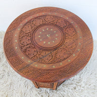 1950's Large Teak Hexagon Folding Table with Brass Inlay - Made in India