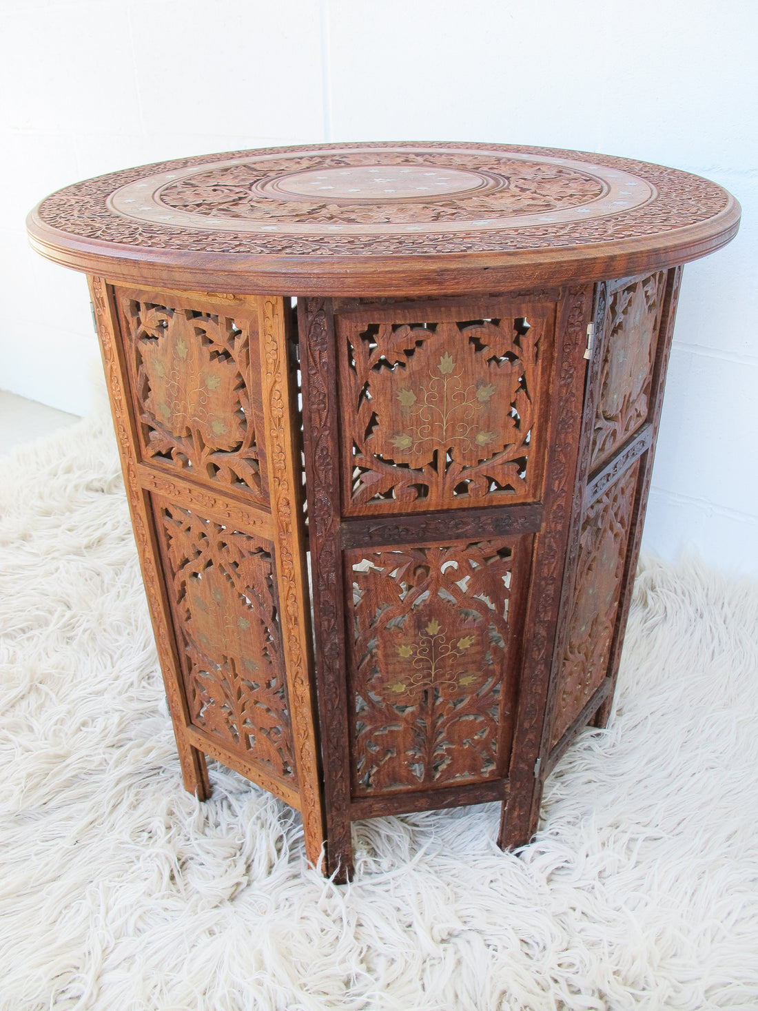 1950's Large Teak Hexagon Folding Table with Brass Inlay - Made in India