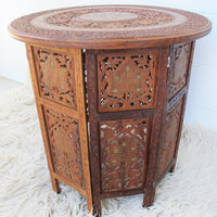 1950's Large Teak Hexagon Folding Table with Brass Inlay - Made in India