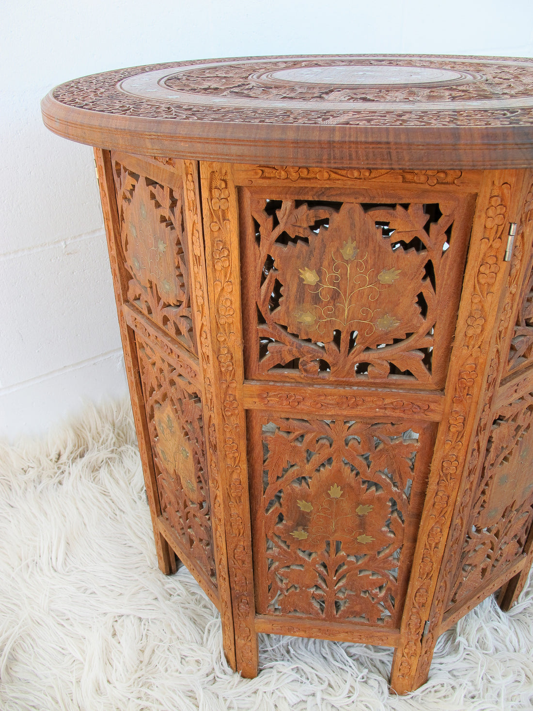 1950's Large Teak Hexagon Folding Table with Brass Inlay - Made in India