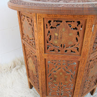 1950's Large Teak Hexagon Folding Table with Brass Inlay - Made in India