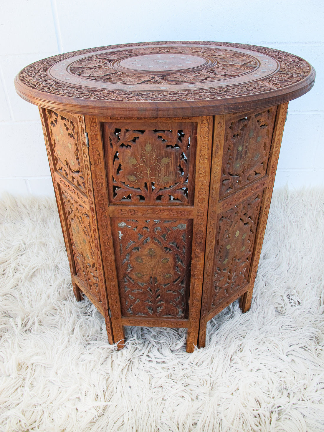 1950's Large Teak Hexagon Folding Table with Brass Inlay - Made in India