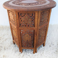 1950's Large Teak Hexagon Folding Table with Brass Inlay - Made in India