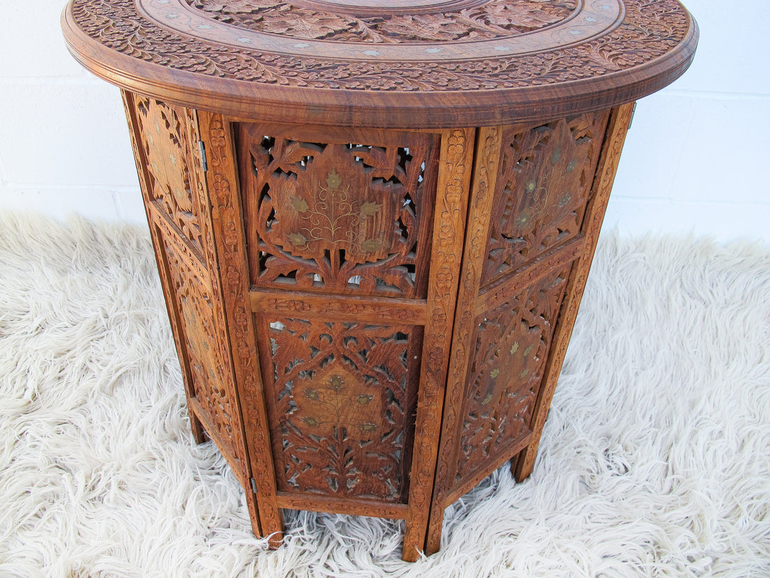 1950's Large Teak Hexagon Folding Table with Brass Inlay - Made in India