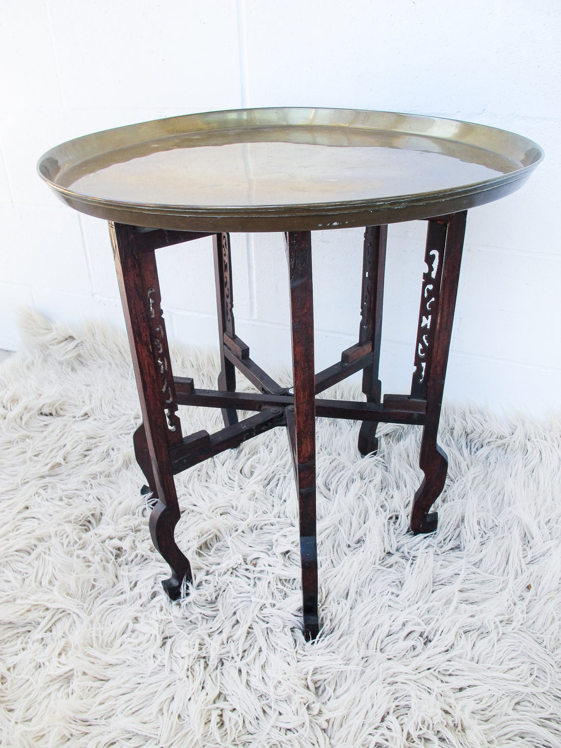Antique Vintage Asian Brass Tray Table with Folding Base