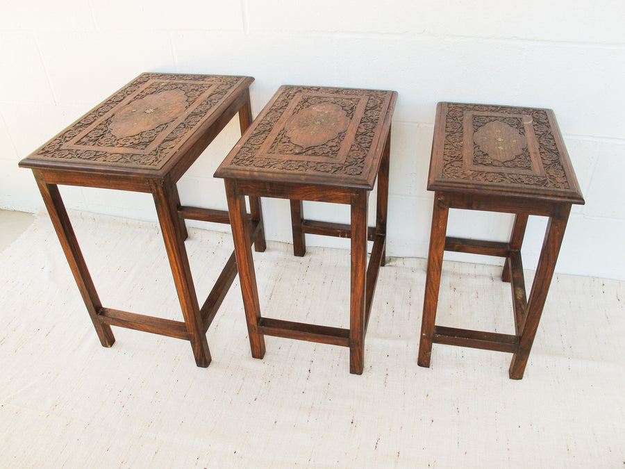 Set of 3 Teak Rosewood Nesting Brass Inlay Tables from India