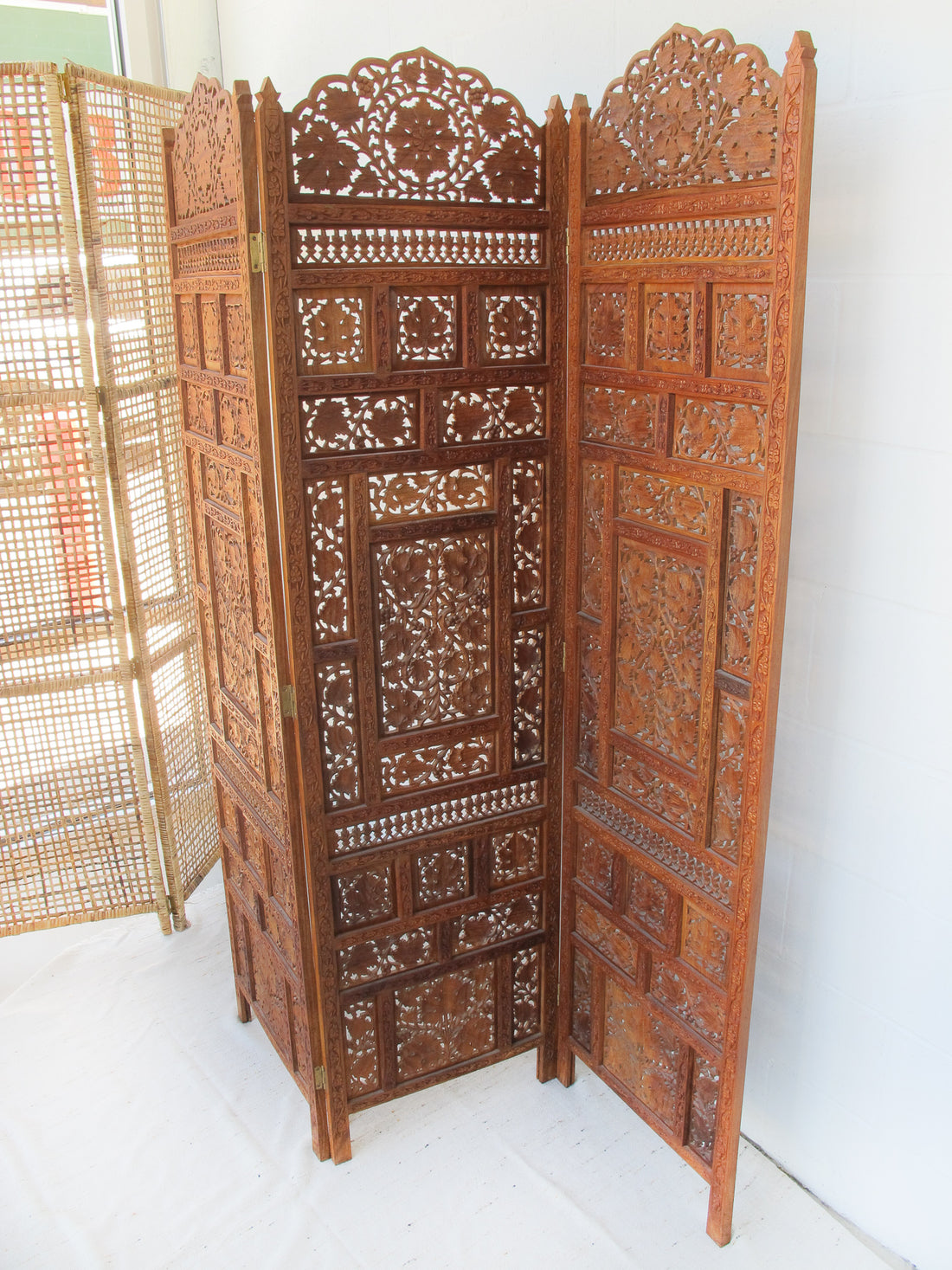 Vintage Three Panel Teak Rosewood Room Divider Privacy Screen - Made in India 1950's