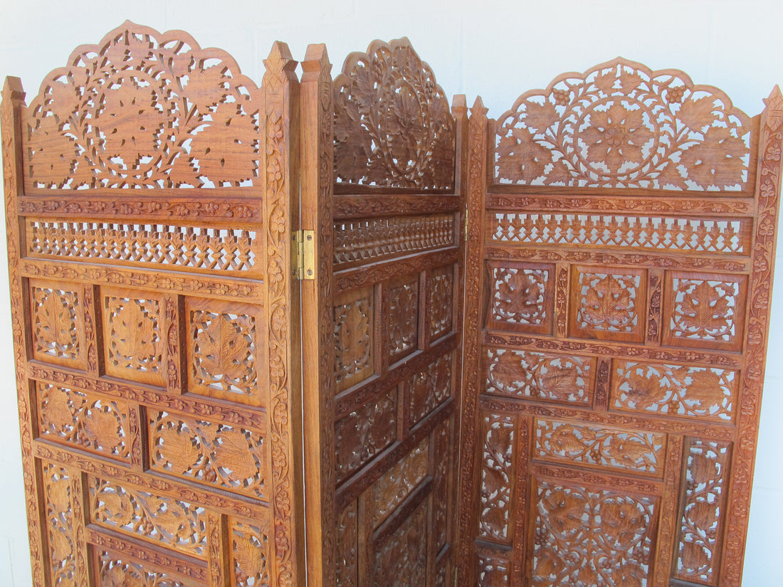 Vintage Three Panel Teak Rosewood Room Divider Privacy Screen - Made in India 1950's